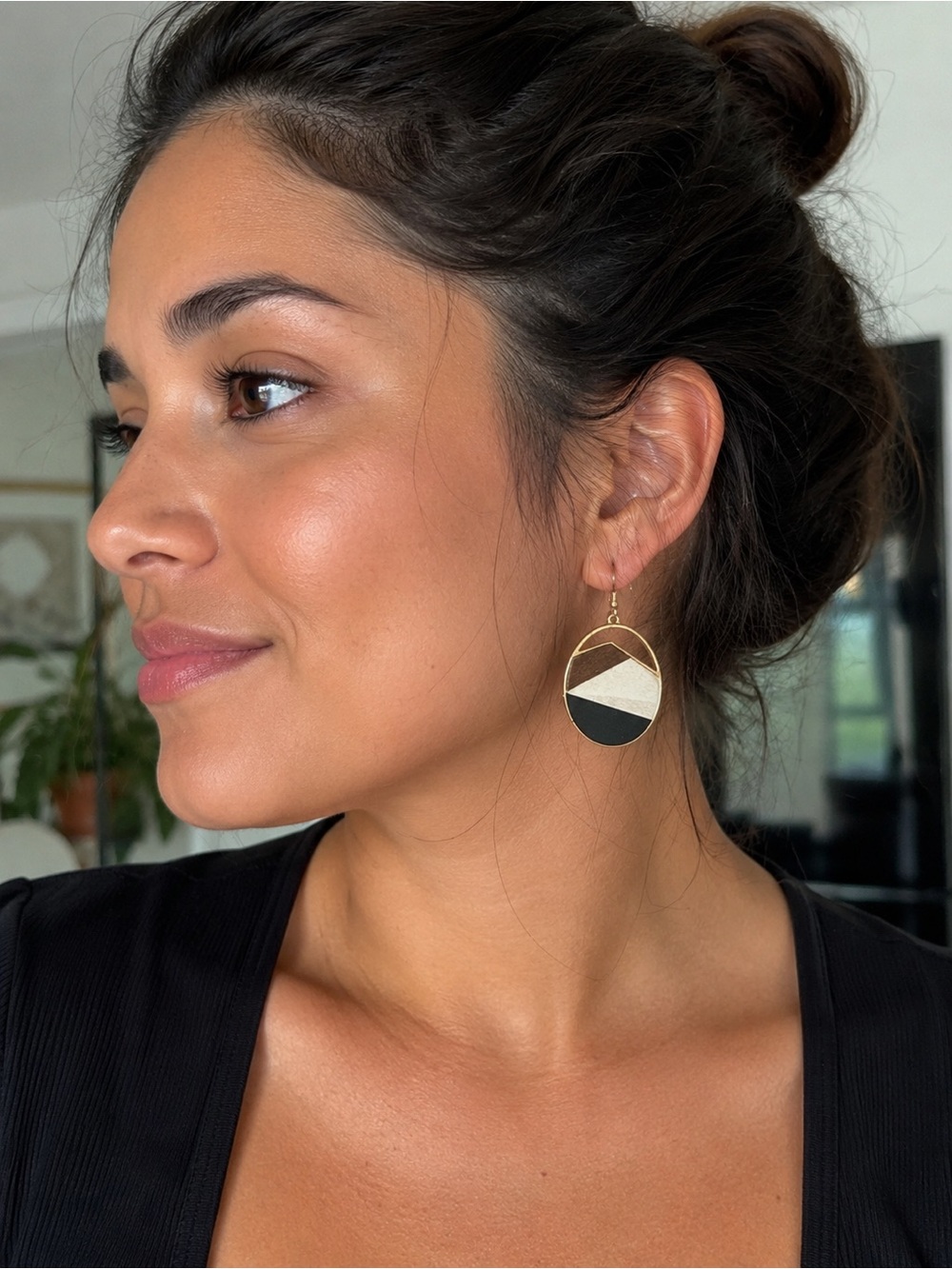 Geometric Gold Drop Wood Earrings with Black and Cream Inlay